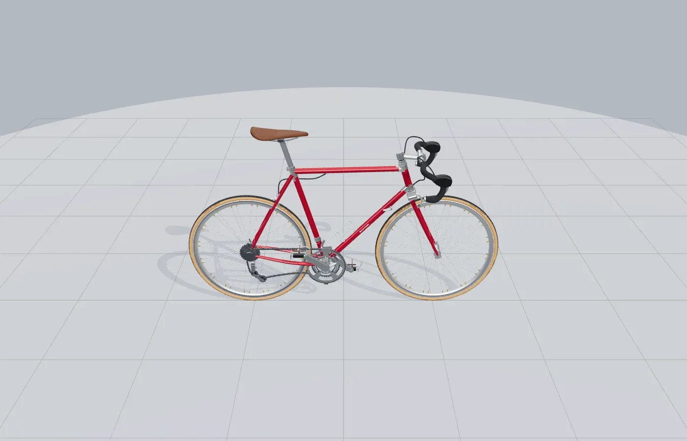 A procedural red steel road bicycle in Three.js, photographed from the drive side.