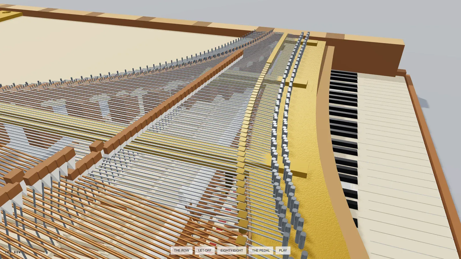 A grand piano with the lid off and half the case cut away, showing the strings, the plate and the whole row of hammers.