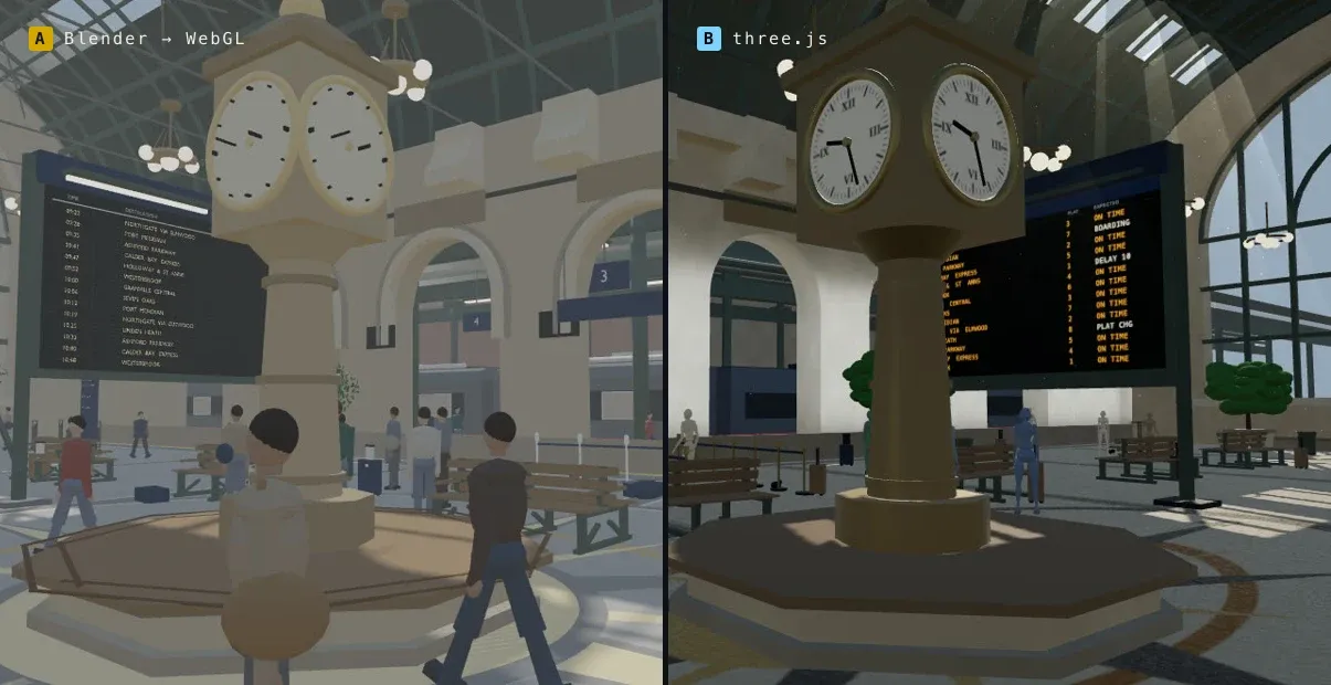 Two builds of the same concourse side by side; the departures board sits left of the four-face clock in one and right of it in the other.